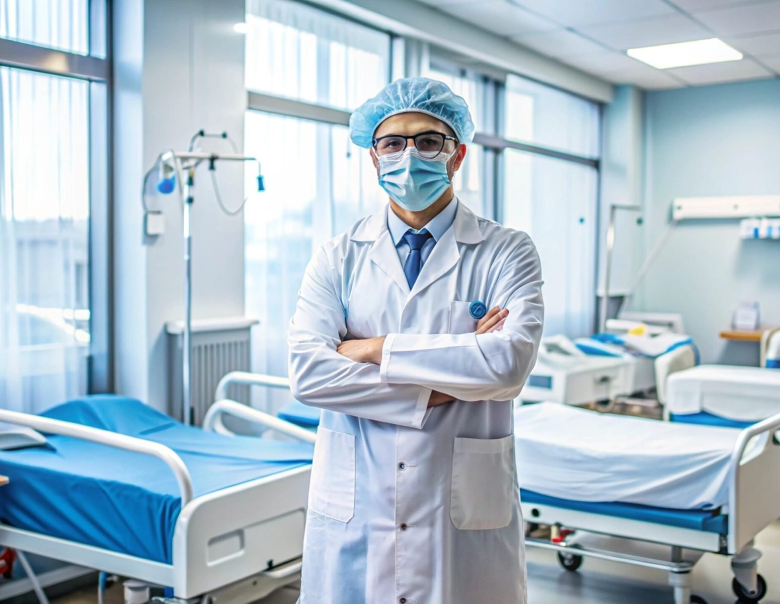 Confident doctor in white coat and face mask standing in hospital ward.